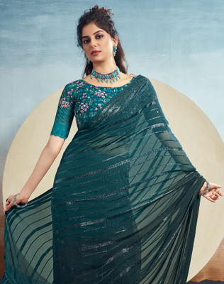 Satrani Embroidered, Embellished Bollywood Georgette Saree(Green)