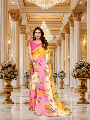 SmittenSmit Printed Daily Wear Georgette Saree(Pink, Cream, Yellow)