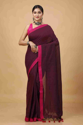 Sandhyatara Solid/Plain Handloom Cotton Blend Saree(Maroon)