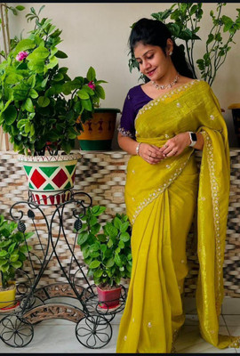 yanish Embroidered Daily Wear Chiffon Saree(Yellow)