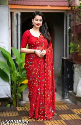 MB Shopee Printed Kalamkari Georgette Saree(Red)
