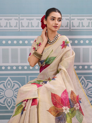 SOHINI NX Printed, Woven Bollywood Cotton Blend Saree(Beige)