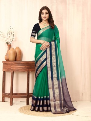 sadika Woven, Embellished Bollywood Organza, Cotton Linen Saree(Green, Dark Blue)