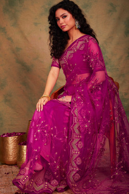 Divastri Embroidered Chanderi Net Saree(Pink)