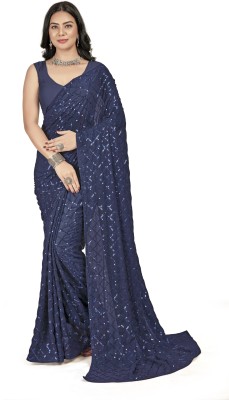 THE52 Checkered, Embroidered Bollywood Georgette Saree(Blue)