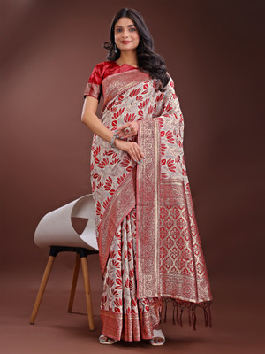 Tasrika Woven Kanjivaram Cotton Linen Saree(White, Maroon)