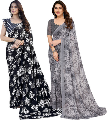 Anand Sarees Printed Daily Wear Georgette Saree(Pack of 2, Black, Grey)