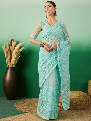Sangria Embroidered Kalamkari Net Saree(Green)