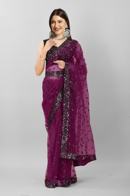 Zintargo Embroidered Bollywood Net Saree(Purple)