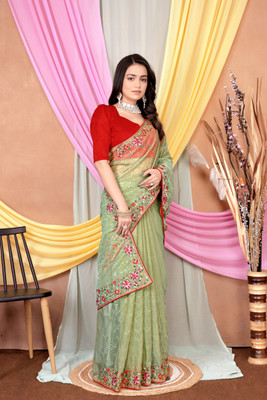 MAHADEV Embroidered Bollywood Supernet Saree(Light Green)