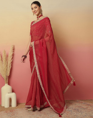 Tasrika Striped, Embellished, Embroidered Bollywood Georgette Saree(Pink)