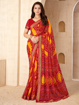 Anouk Rustic Embellished Bandhani Chiffon Saree(Red)