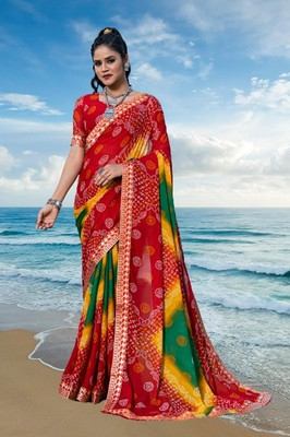 Kanooda Prints Printed Bandhani Georgette Saree(Red, Green)