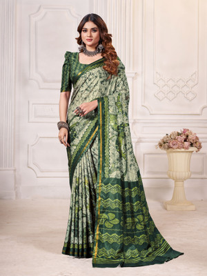 Rudrakala Digital Print, Floral Print, Geometric Print, Graphic Print, Self Design Bollywood Crepe, Silk Blend Saree(Beige, Green)