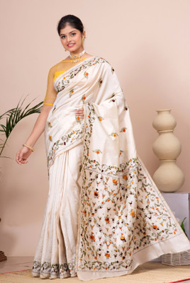 crochetin Woven Handloom Handloom Silk Blend Saree(Beige, Multicolor)