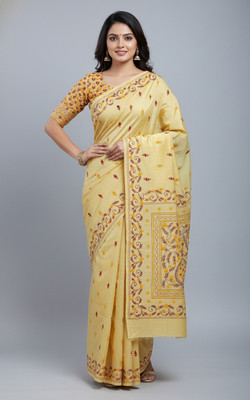 Fabloom Embroidered, Floral Print Kantha Handloom Silk Blend Saree(Yellow)