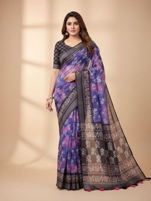 rujave Printed, Floral Print, Paisley Bollywood Linen Saree(Purple)