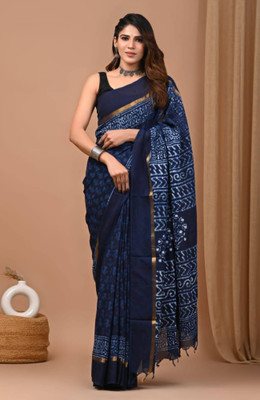 Rashmiwala Digital Print Bollywood Cotton Linen Saree(Blue)