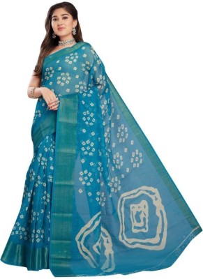 VCREATION Printed Bandhani Cotton Linen Saree(Blue)