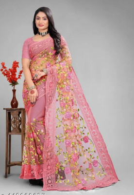 NIYANTAKSH Embroidered Bollywood Net Saree(Pink)