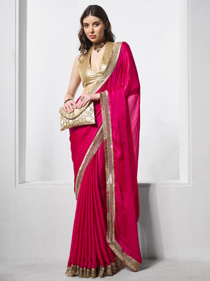 Kalista Embellished, Solid/Plain, Dyed Bollywood Chiffon Saree(Pink)