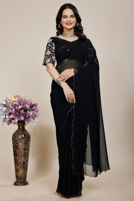 SAADHYA CREATION Embroidered, Solid/Plain Bollywood Georgette Saree(Black)