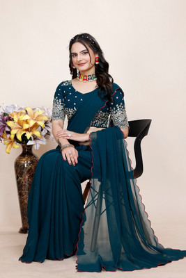 SAADHYA CREATION Embroidered, Solid/Plain Bollywood Georgette Saree(Blue)