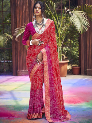 Divastri Embellished Bandhani Georgette Saree(Red)