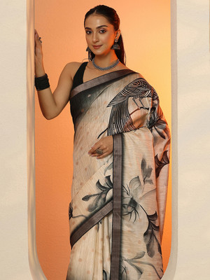 LIBAS Floral Print Daily Wear Silk Blend Saree(Beige)