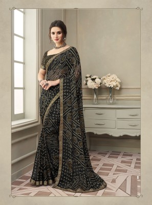 JustEthnic Geometric Print Bandhani Chiffon Saree(Black)