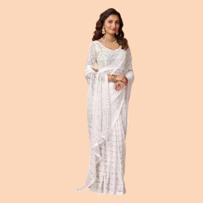 NORAFLEX Embroidered Bollywood Net Saree(White)