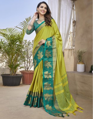 Satrani Woven, Embellished, Self Design Banarasi Cotton Silk Saree(Yellow, Green)