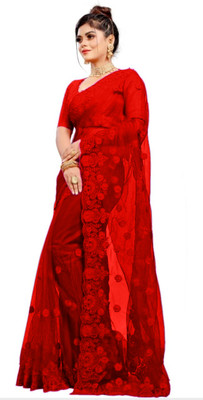 Vijay Fashion Embroidered Bollywood Net Saree(Red)