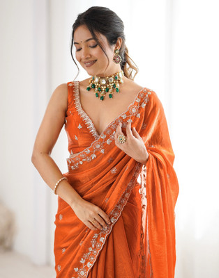 SIRIL Embroidered, Embellished Bollywood Tissue Saree(Orange)