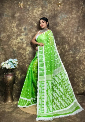 DRAPERIA Woven Jamdani Cotton Silk Saree(Green)