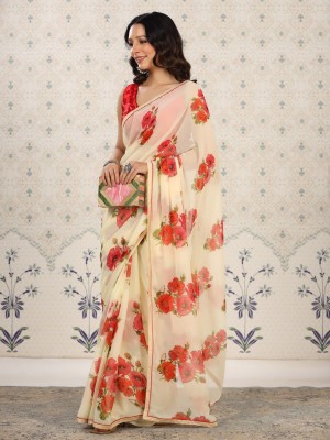 Ode by House of Pataudi Printed Daily Wear Georgette Saree(Cream)