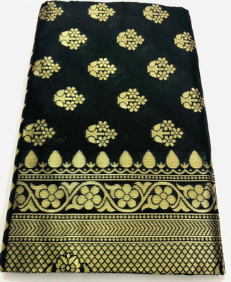 Sk balaji collection Solid/Plain Banarasi Cotton Silk Saree(Black, Gold)