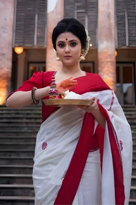 LADY SHOPI Woven Chanderi Cotton Silk Saree(White, Red)