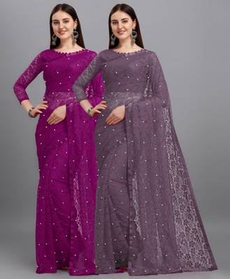 LOROFY Self Design Bollywood Net Saree(Pack of 2, Multicolor)