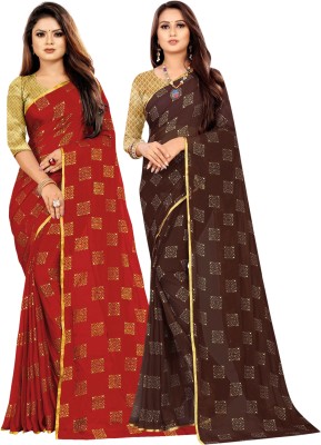 RHEY Printed Bollywood Chiffon Saree(Pack of 2, Red, Brown)