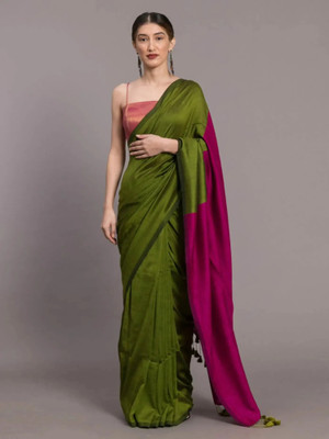 GOLU Solid/Plain, Self Design, Color Block Bollywood Handloom Cotton Blend Saree(Green, Pink)
