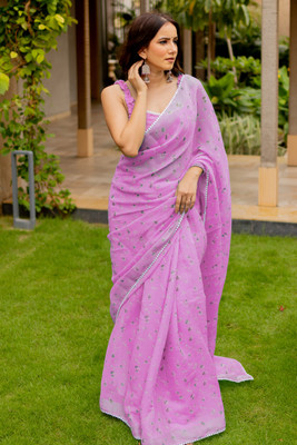 MIRCHI FASHION Floral Print Daily Wear Cotton Blend Saree(Pink, Cream, Grey)