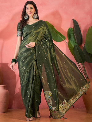Sangria Self Design Saree with Attached Blouse Silk Blend Saree(Green)