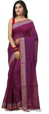 SUBHO SAREE CENTRE Woven, Striped, Solid/Plain Handloom Pure Cotton Saree(Magenta)