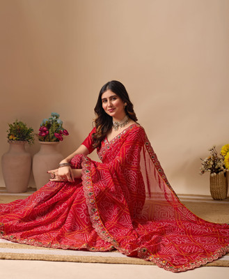 BELADIYA FASHION Embroidered, Printed Bandhani Georgette Saree(Red)