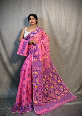 RenukaSharee Printed Jamdani Cotton Silk Saree(Pink)