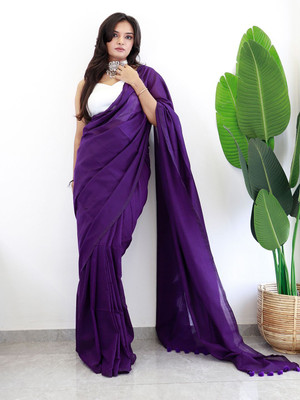 ANOUK Solid/Plain Chanderi Cotton Blend Saree(Purple)
