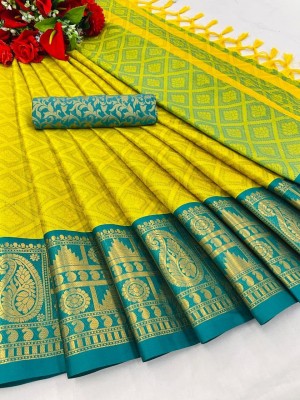 PRANJAL ART Printed Bollywood Jacquard, Art Silk Saree(Yellow, Dark Green)