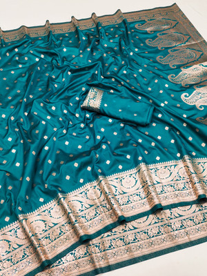 DRAVYA WOMEN Woven, Floral Print Banarasi Pure Silk, Jacquard Saree(Dark Green)