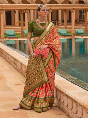 ANOUK Printed Patola Silk Blend Saree(Orange)
